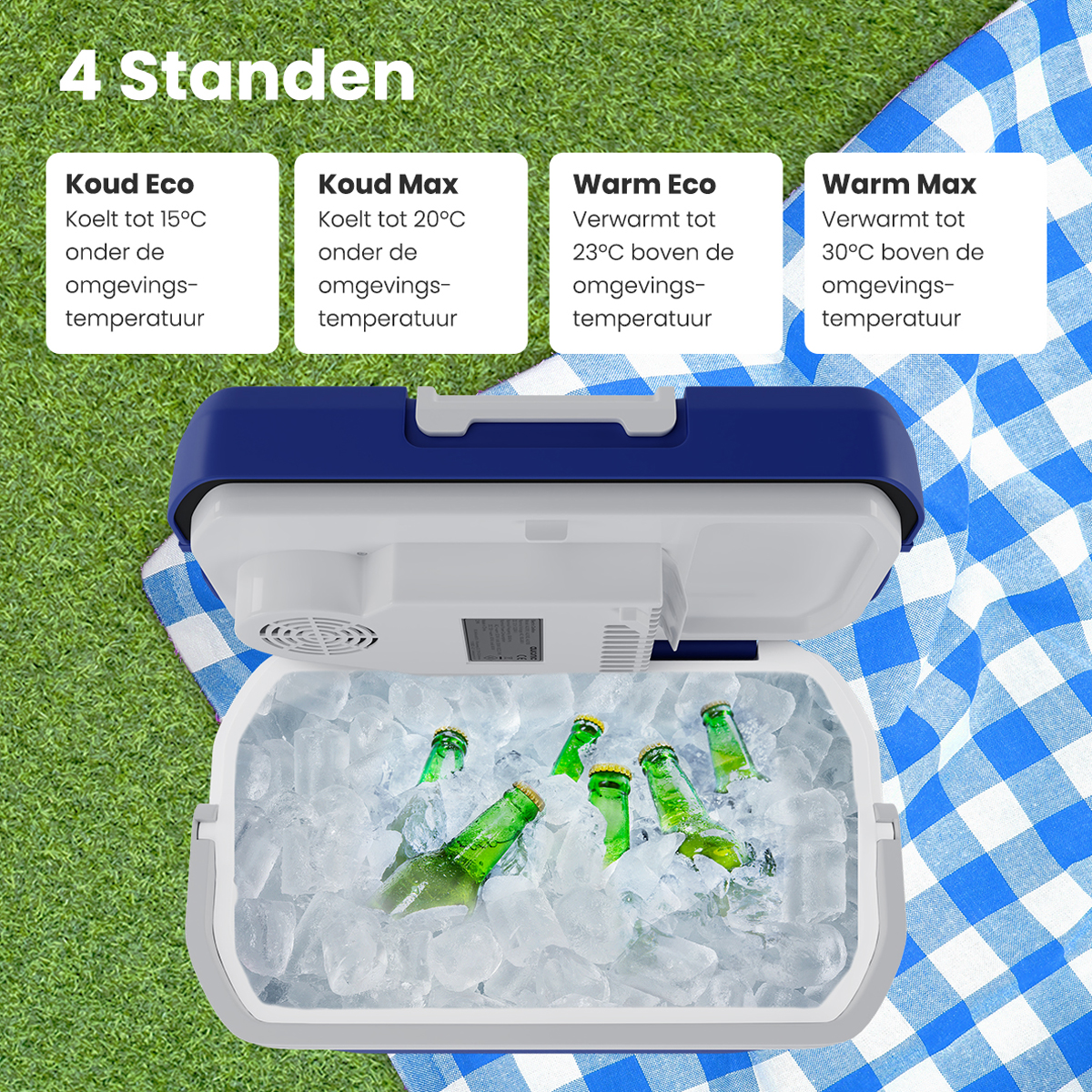 Open koeler met ijs en groene flessen. Tekst beschrijft koelinstellingen.