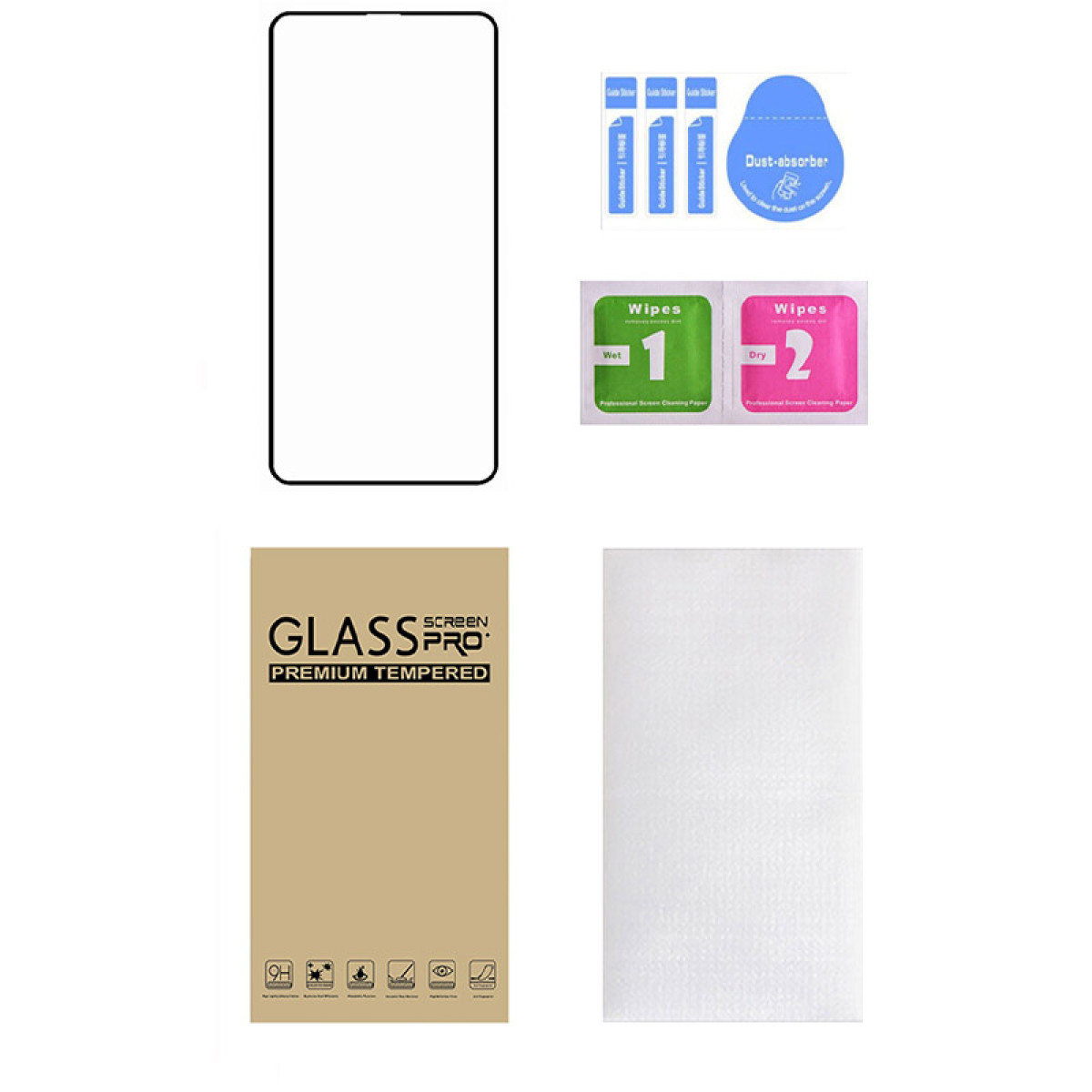 Kit proteggi schermo con vetro, salviette e assorbitore di polvere. Sfondo bianco, testo.