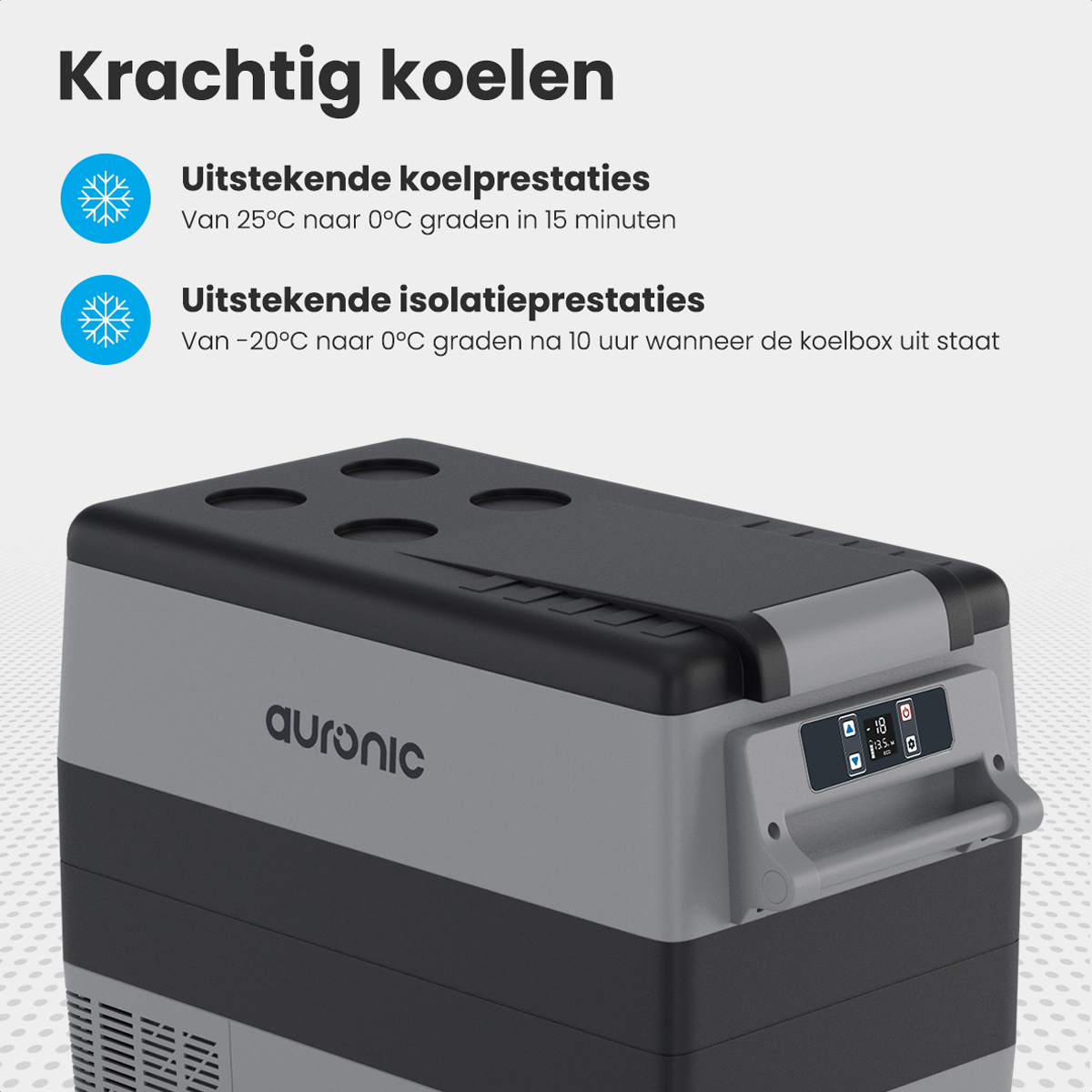 Close-up van een grijze en zwarte koeler. Details over koelprestaties en isolatie.