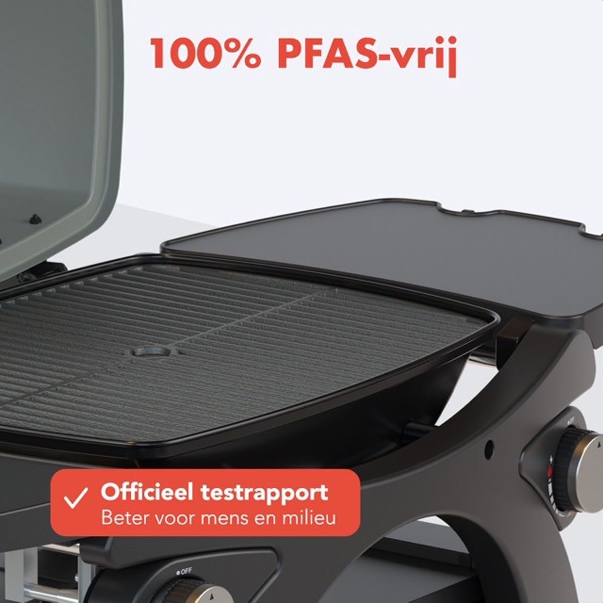 Gros plan d'un grill noir avec texte sur sans PFAS et rapport de test officiel en haut.