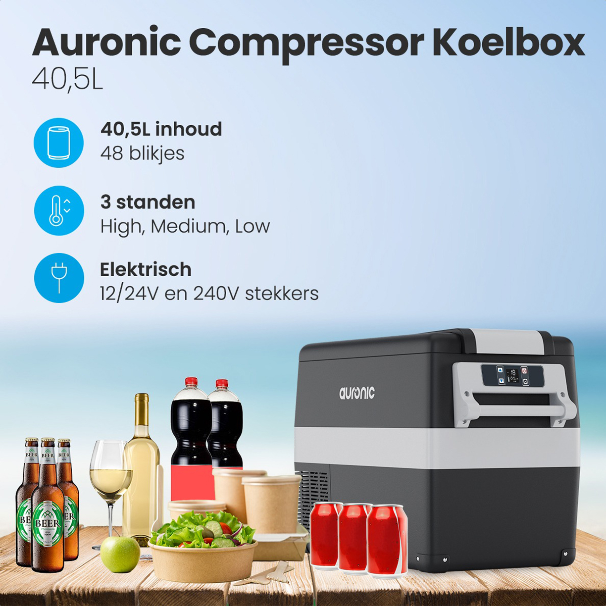Een zwarte koeler met tekst die de kenmerken en inhoud opsomt: drankjes en eten op een strandachtergrond.