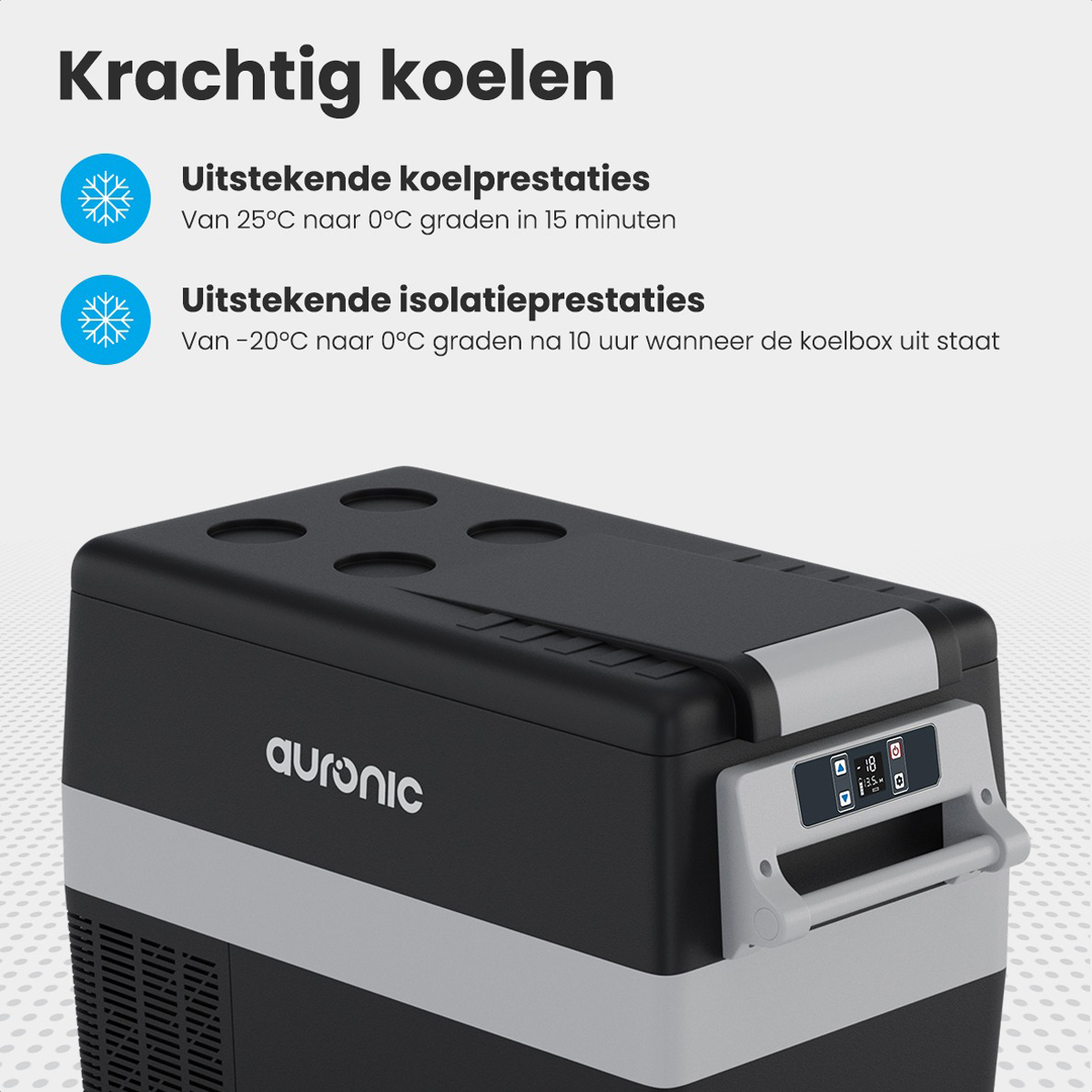 Een zwart-grijze koeler met bedieningspaneel, met uitstekende koel- en isolatieprestaties.