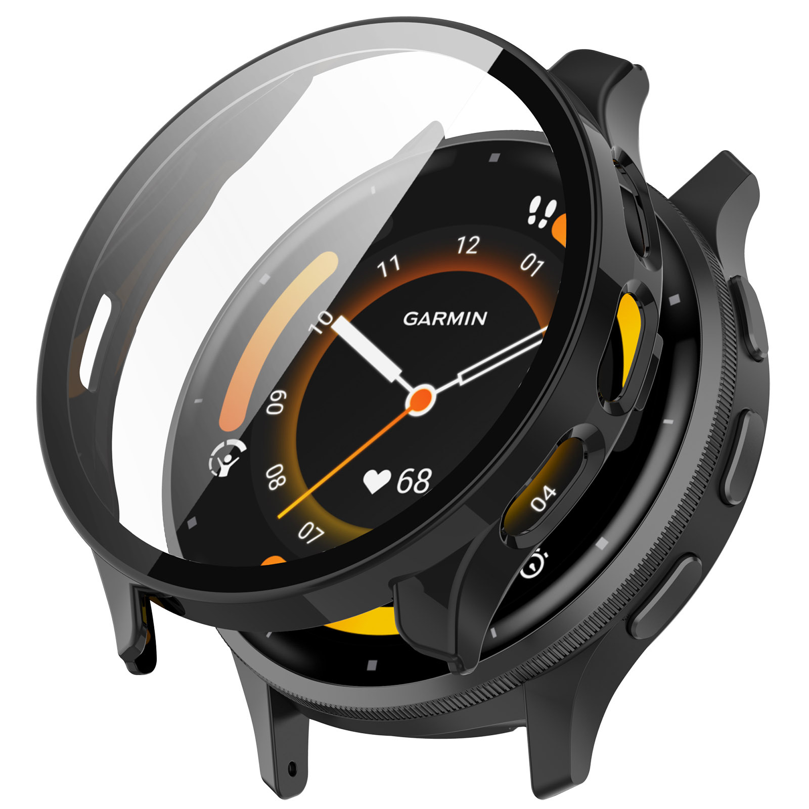 Eine schwarze Garmin Smartwatch mit angebrachtem transparenten Displayschutz, der das Zifferblatt zeigt.