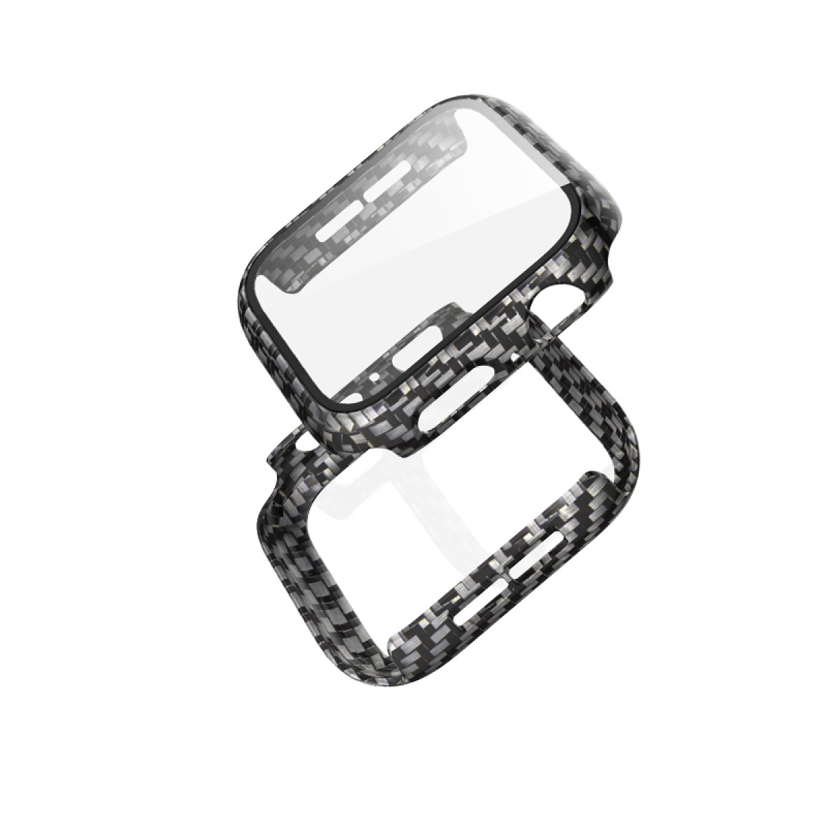 Dwie osłony ekranu zegarka. Tekstura włókna węglowego. Przezroczysta osłona ekranu. Białe tło.