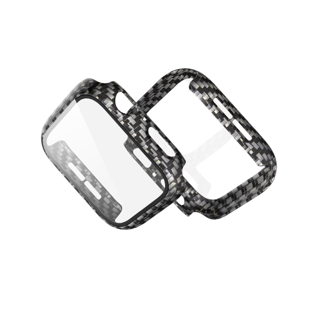 Dwie osłony ekranu zegarka. Tekstura włókna węglowego. Przezroczysta osłona ekranu. Białe tło.