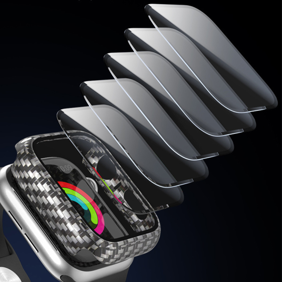 Nakładanie osłony ekranu zegarka. Tekstura włókna węglowego z przezroczystą osłoną ekranu, czarny korpus zegarka.