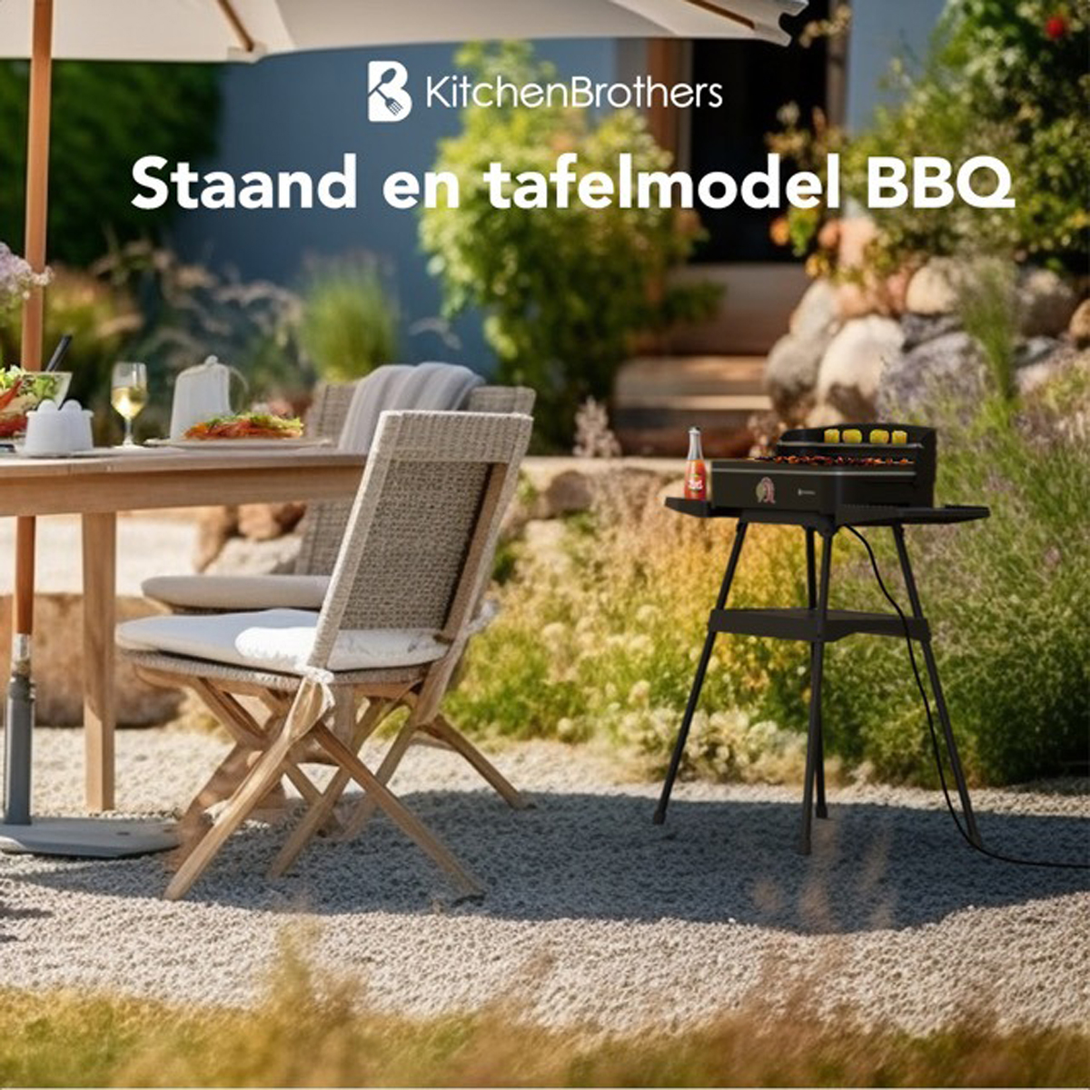 Outdoor BBQ setup with a table and chairs. Green grass and trees in background.