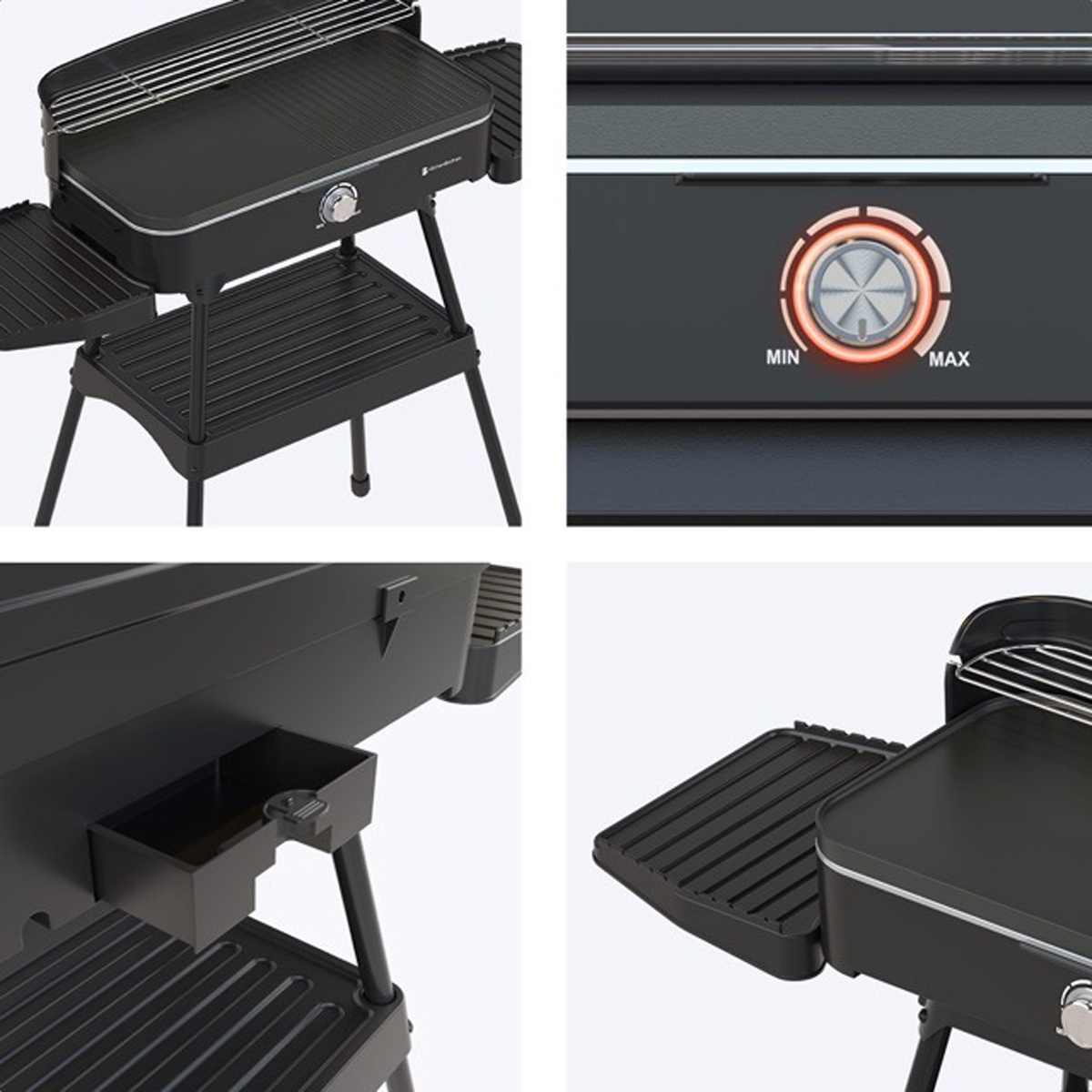 Four images of a black grill. The grill has a cooking surface, a side table, and a control knob.