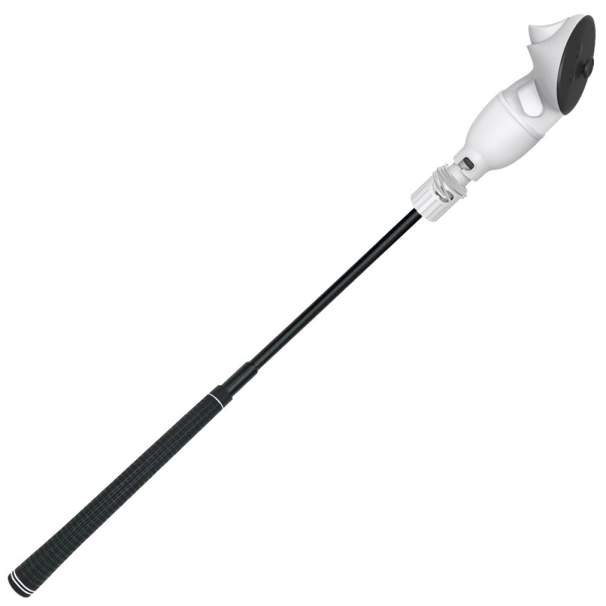Witte golfswing-analysator op een zwarte paal. De paal heeft een getextureerde grip.