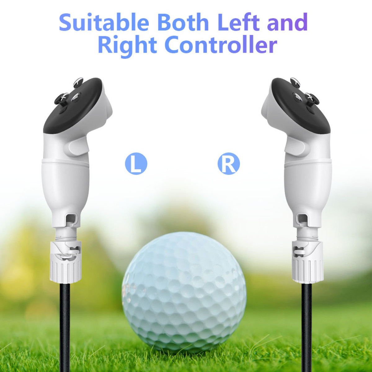 Twee witte controllers, golfbal, groen gras. Controllers zijn gemarkeerd met L en R. Tekst: Geschikt voor beide controllers.