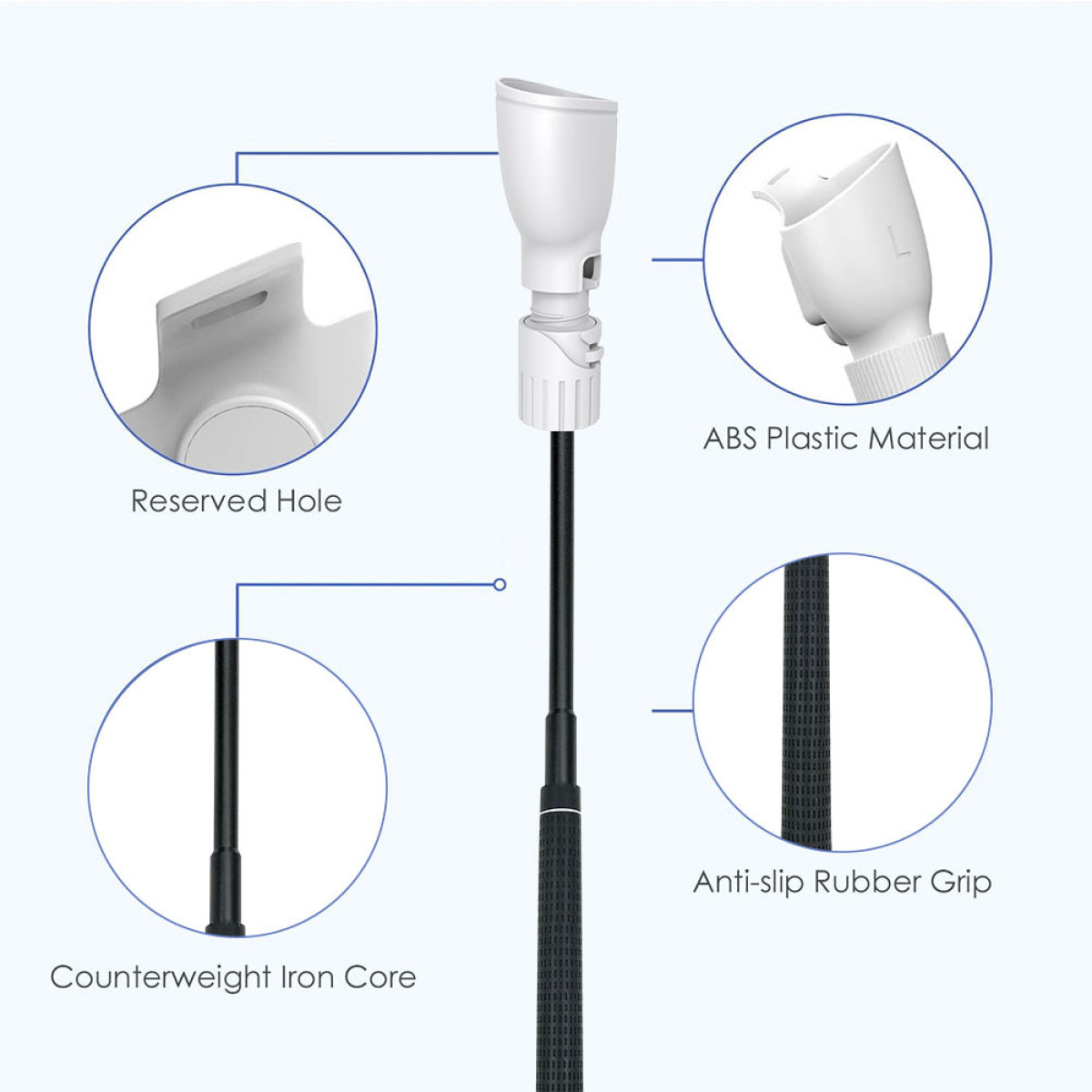 Een golf-trainingshulpmiddel met details over de kenmerken: gereserveerd gat, antislip grip en ijzeren kern.