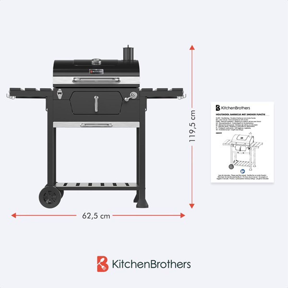 Black grill with dimensions, KitchenBrothers logo, and a diagram.