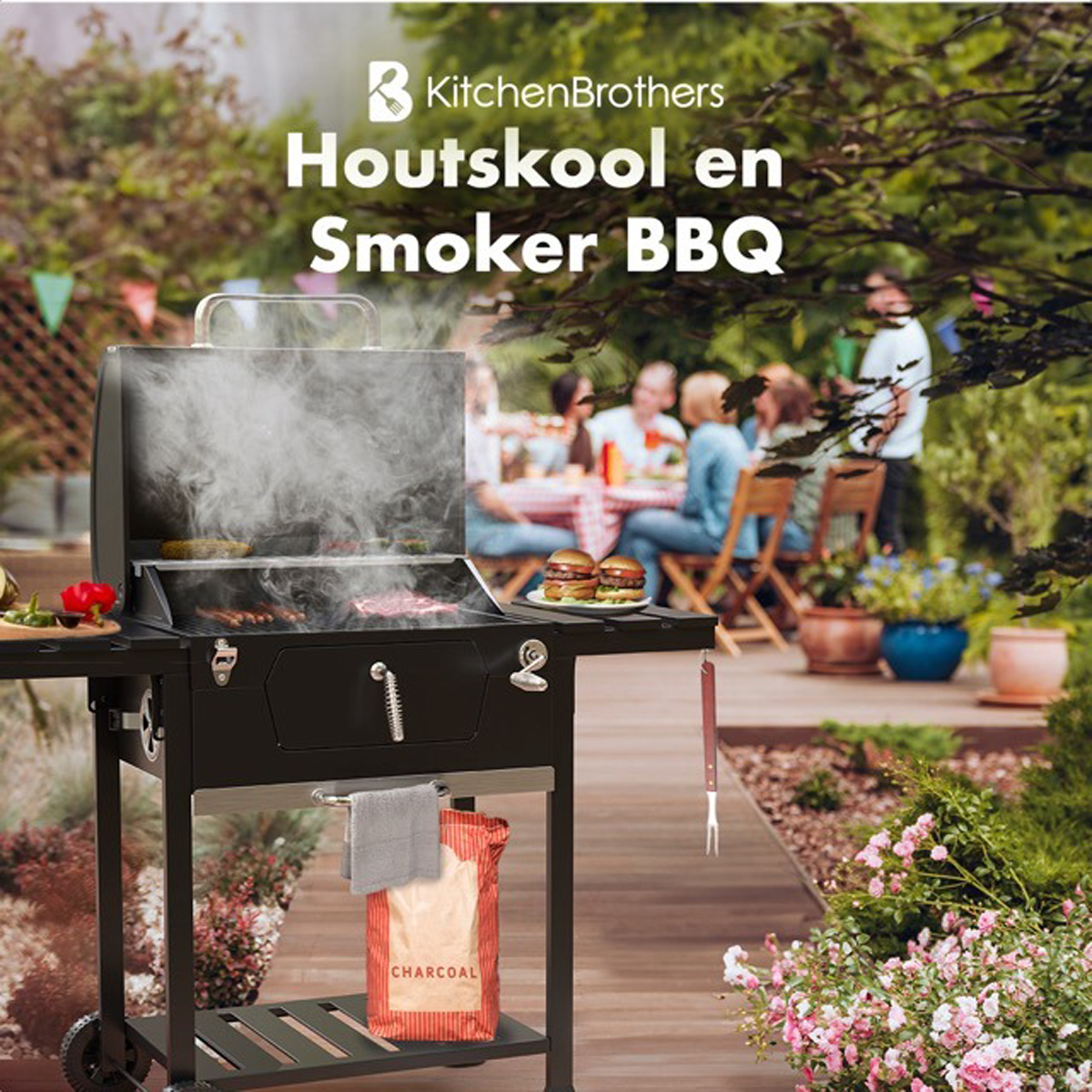 A black charcoal grill with people in the background. There are burgers and a bag of charcoal.