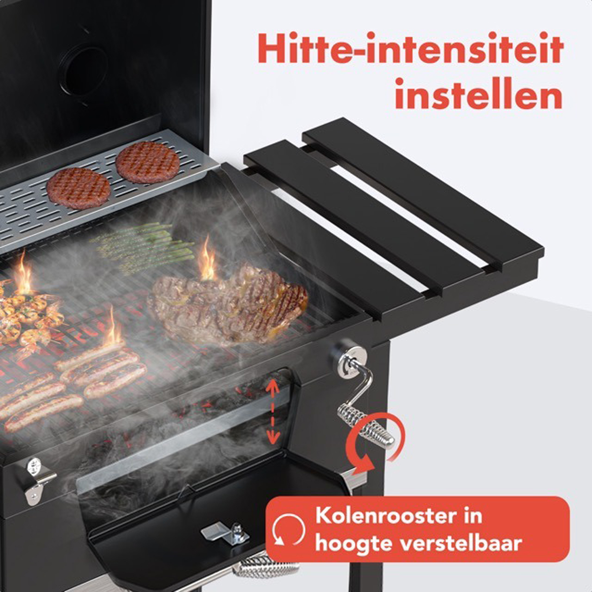 A close-up of a grill with meat cooking, smoke, and adjustable features, with text.