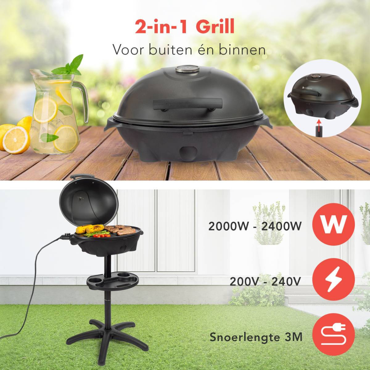 Black grill with a top dome, and a lower grill with a stand. On a wooden table.