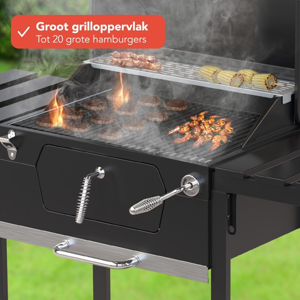 A black grill with burgers, shrimp, and corn. Smoke rises from the grill.