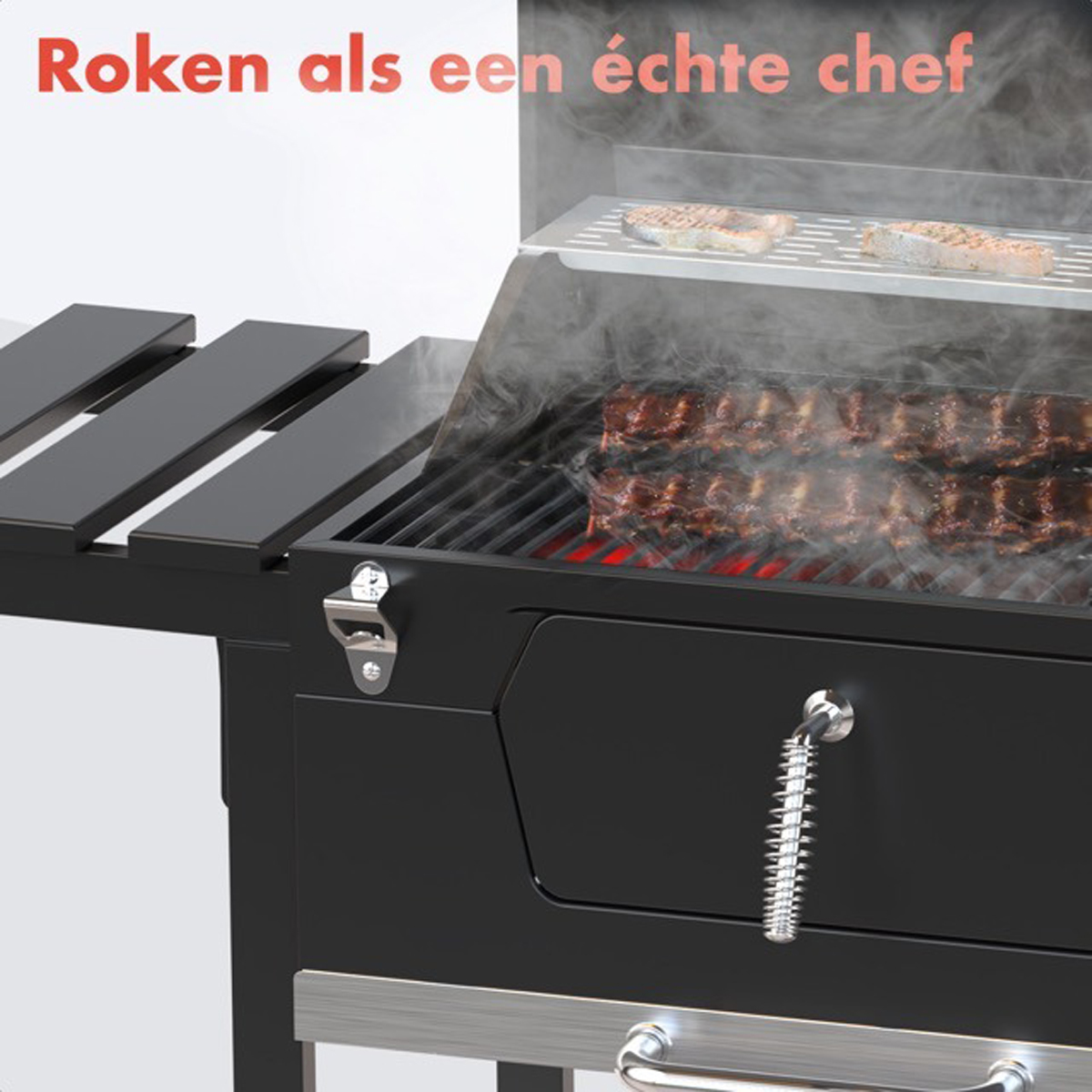 A black smoker grill with smoking ribs and steaks on the grill, text says 'Smoke like a real chef'.