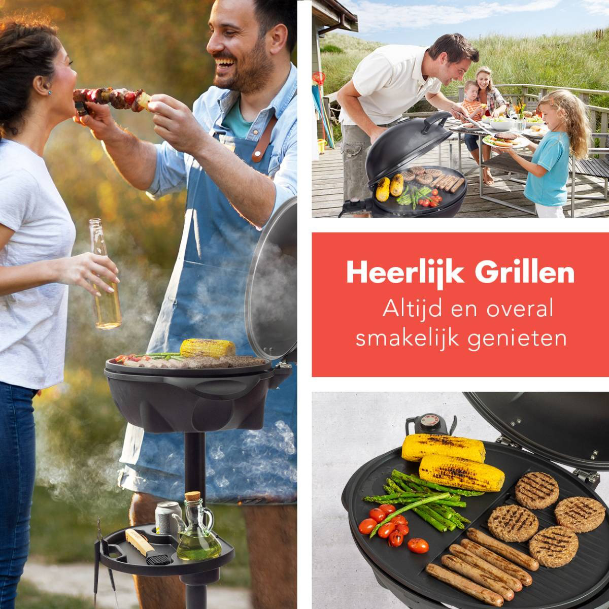 People cooking and eating food. A grill and serving station are in the foreground.