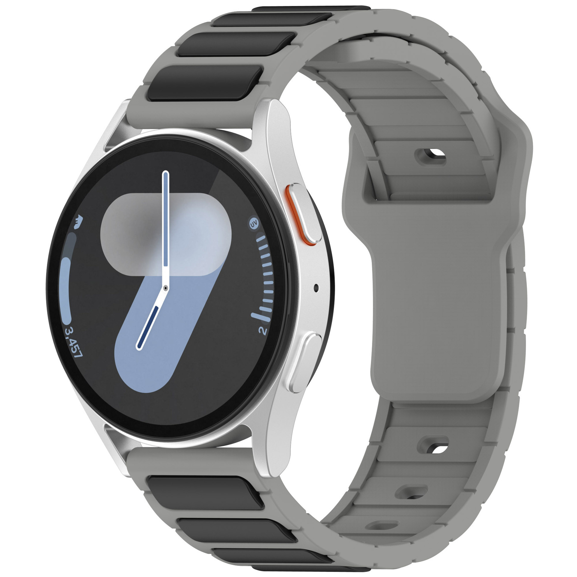 Graue Smartwatch mit grauem und schwarzem Armband. Das Zifferblatt zeigt die Zeit.