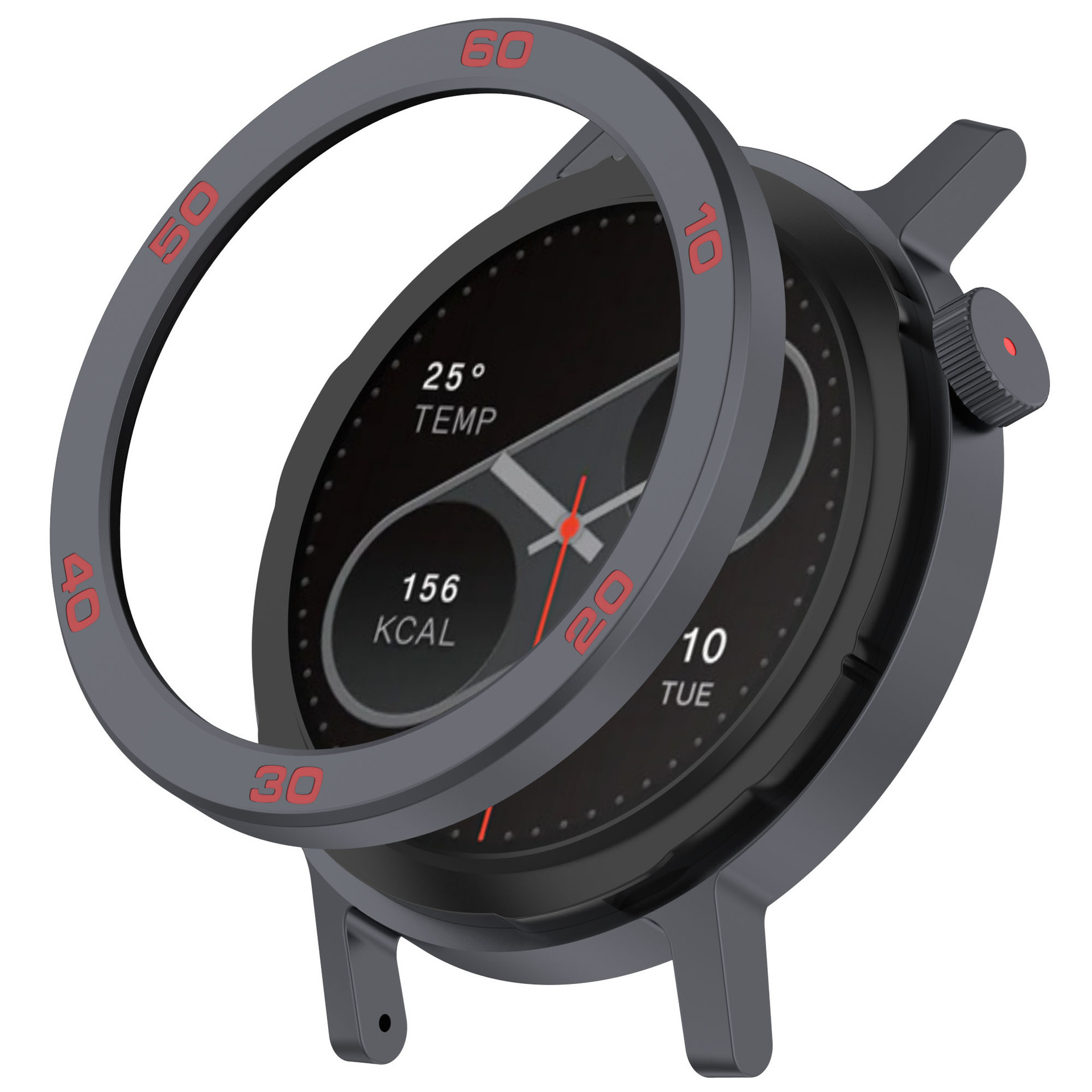 Ghiera smartwatch, nera con segni rossi. Visualizza ora, temperatura e calorie. Isolato.