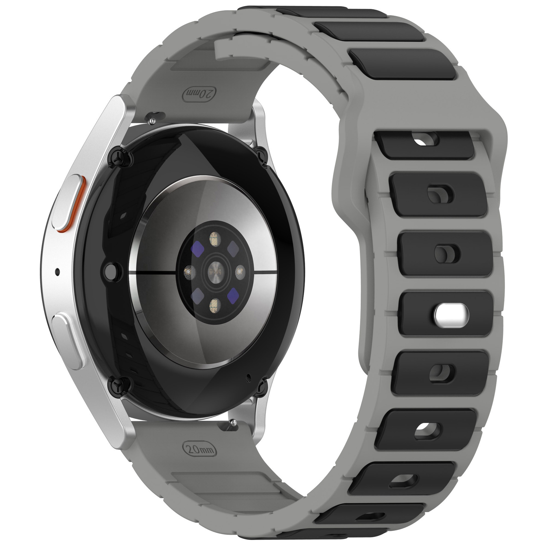 Smartwatch mit grauem und schwarzem Armband, zeigt die Rückseite mit Sensoren und Seitentaste.