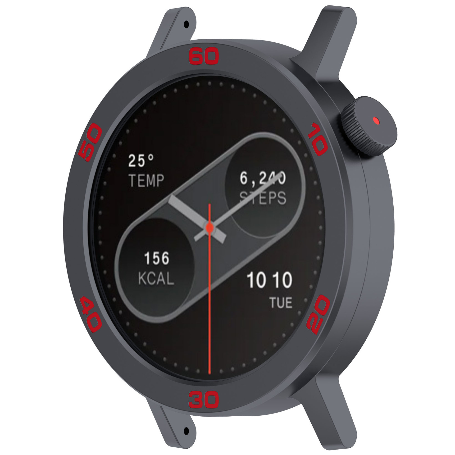 Quadrante dell'orologio con sfondo nero, numeri rossi, lancette e display dati.