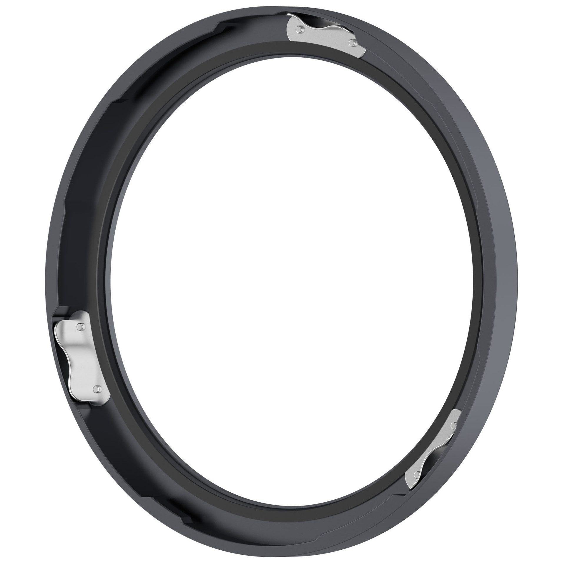 Un anello di metallo grigio scuro con punti di fissaggio argentati.