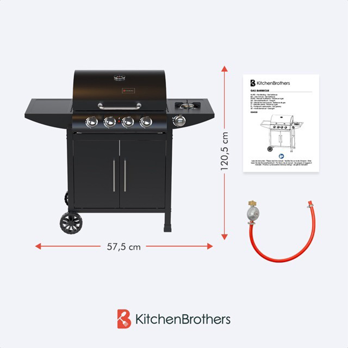 Zwarte gasbarbecue met afmetingen en een KitchenBrothers logo en instructies.