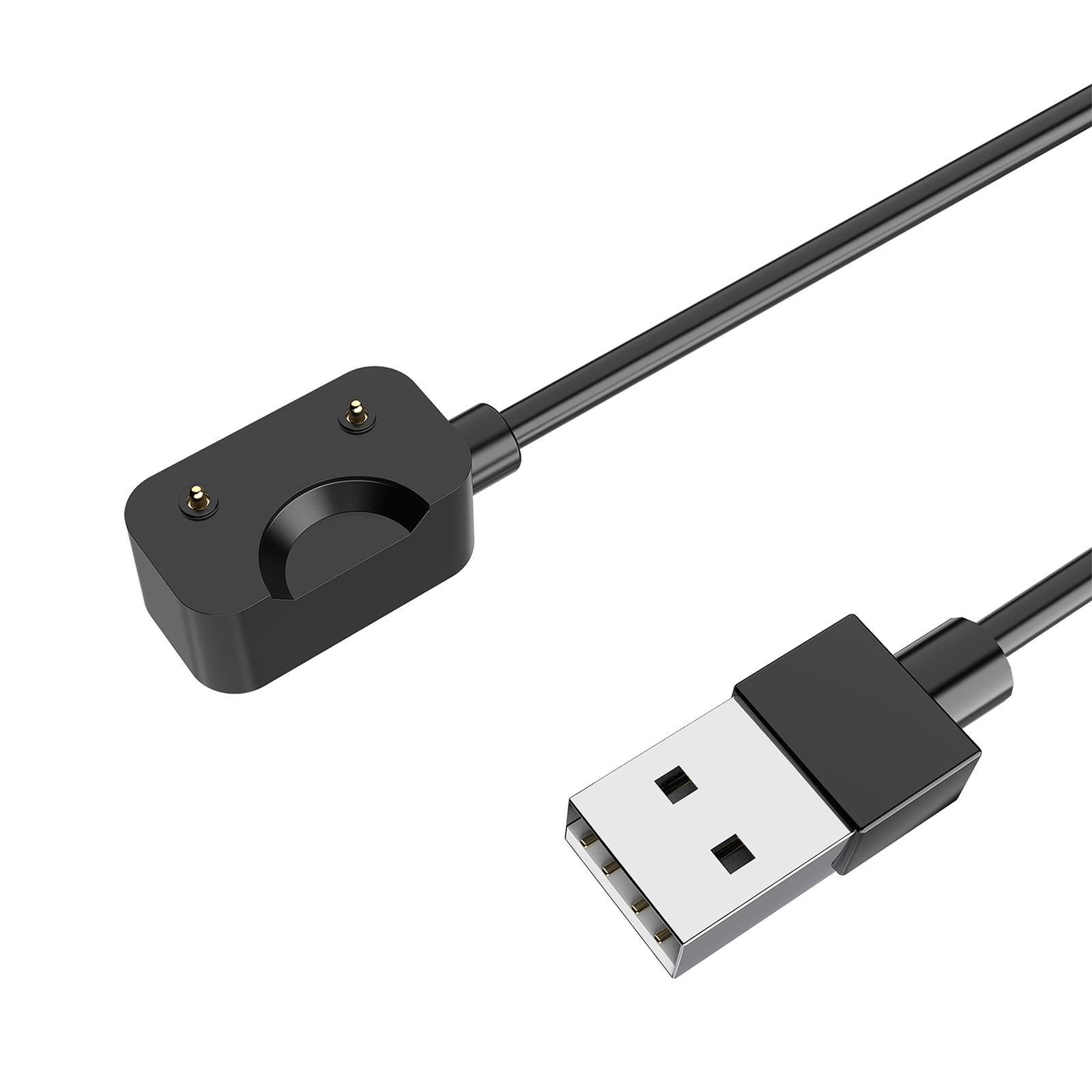 Czarna ładowarka ze złączem USB i głowicą ładującą. Głowica ładująca ma dwa złote piny.