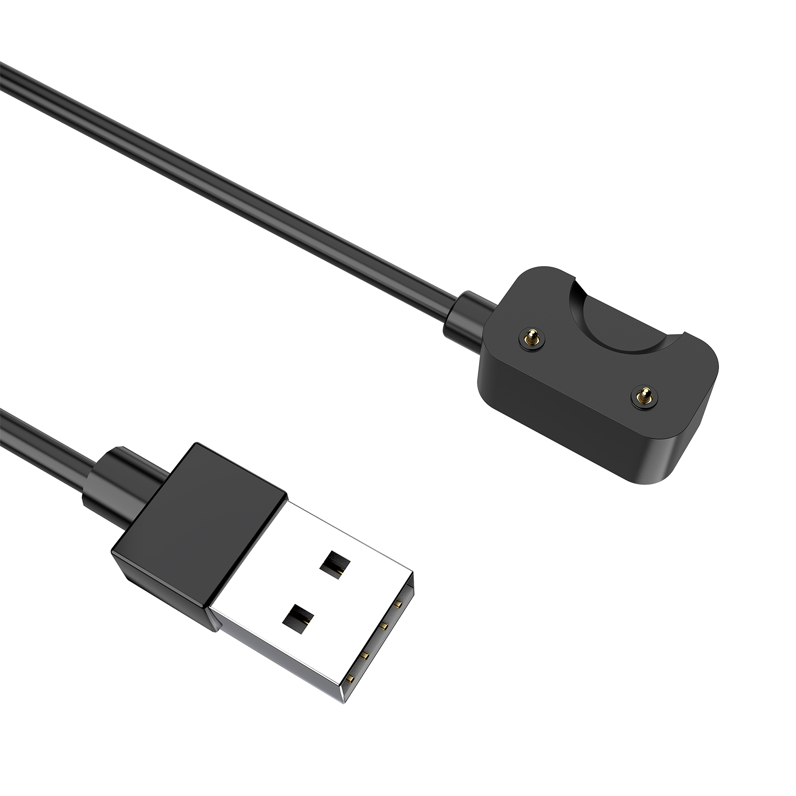Czarny kabel ładowarki USB z prostokątną głowicą ładującą, na białym tle.