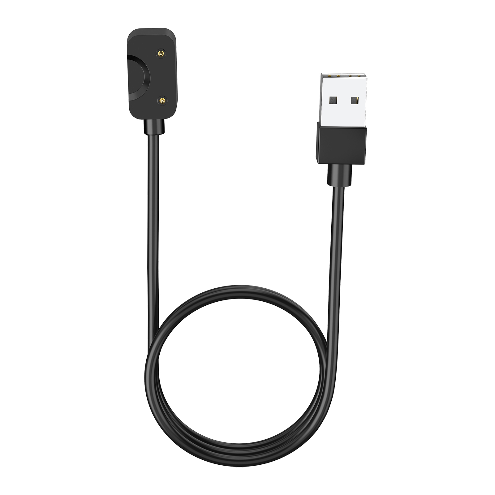 Czarny kabel ładujący do urządzenia ubieralnego. Końcówki USB i złącza ładowania.