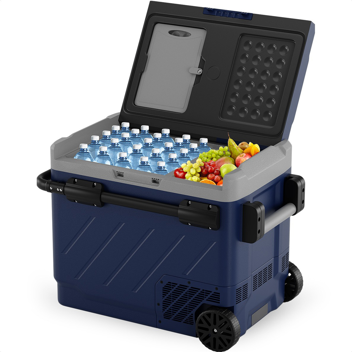 Blauwe koelbox met flessen water en fruit. Het deksel is open en onthult de inhoud. Hij staat op wielen.