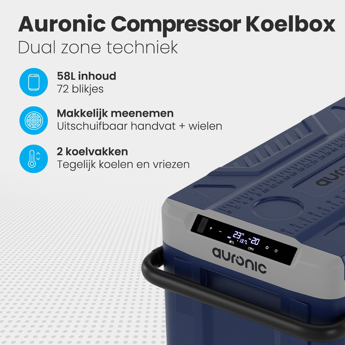 Blauwe koeler met tekst. Bevat temperatuurweergave en knoppen. Zwarte handgreep.