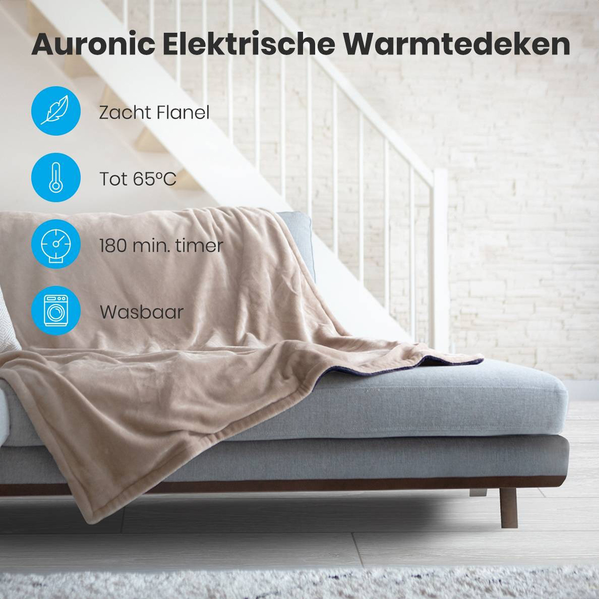 Beige electric blanket on a couch, with icons and text describing its features.