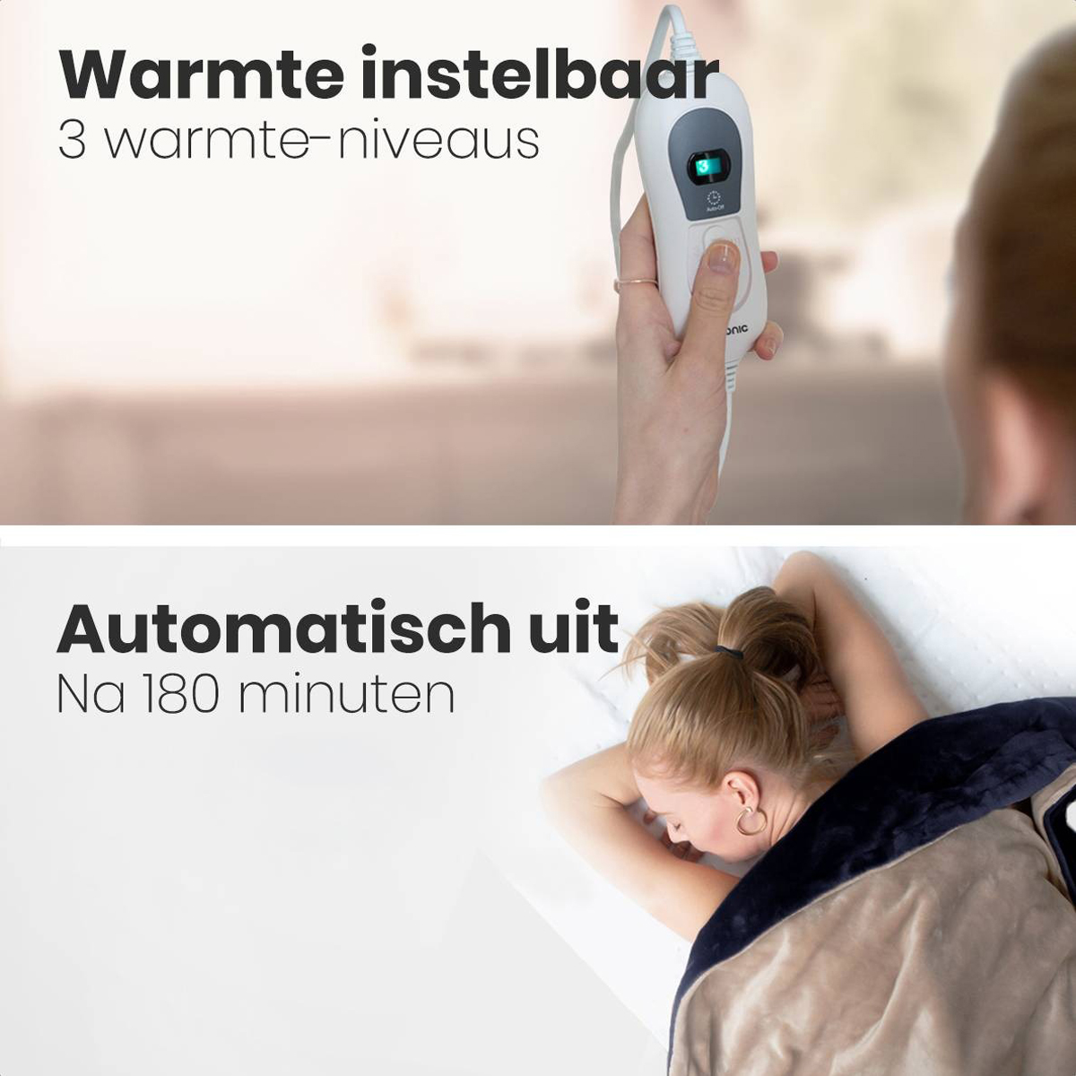 A person's hand holding a controller with heat level settings, and a person lying under a blanket.