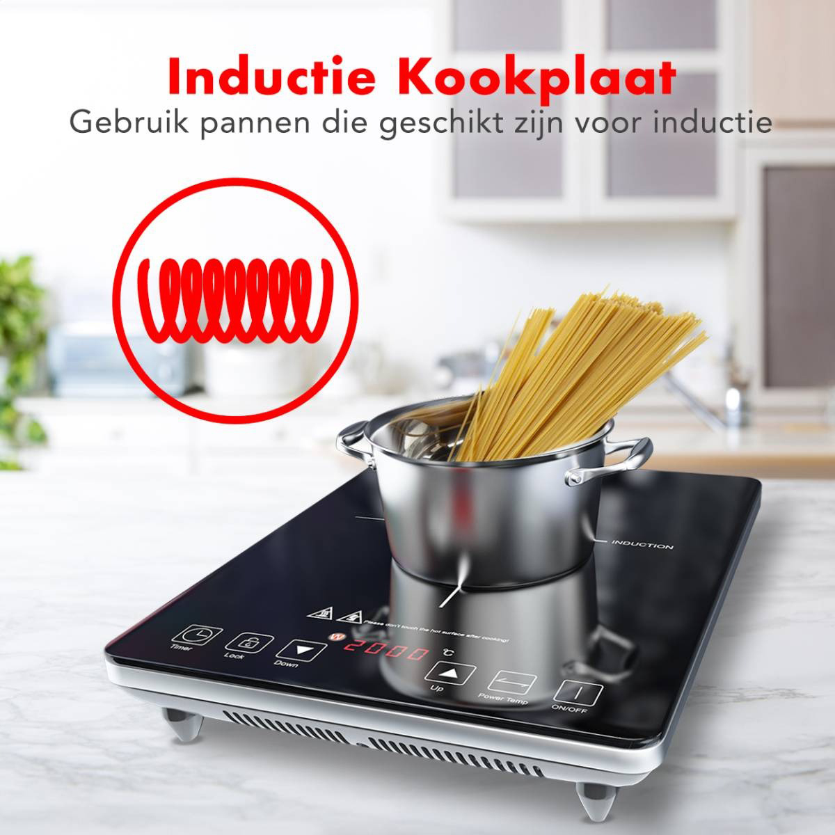 Inductiekookplaat met spaghettipan. Rode spoelgrafiek. Wit aanrecht. Moderne keuken.