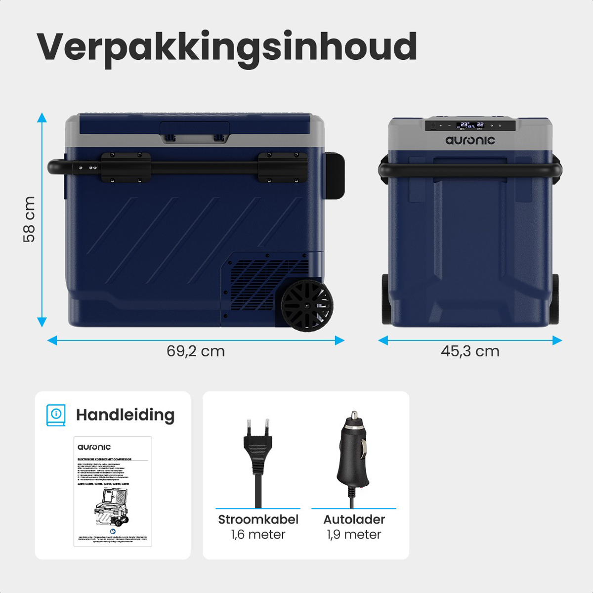 Een koelbox met afmetingen, een handleiding, een voedingskabel en een autolader.