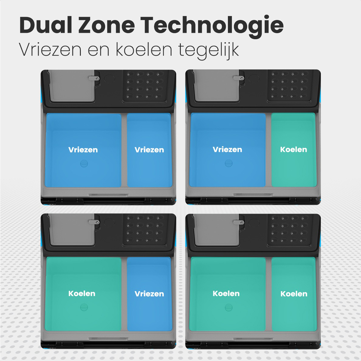 Vier diagrammen met vriezer- en koelcompartimenten. Blauwe en groene kleuren.