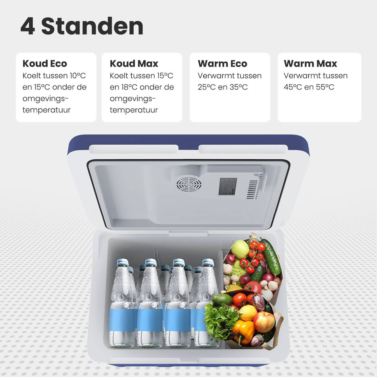 Une glacière ouverte montrant des bouteilles, des fruits et des légumes, avec du texte.
