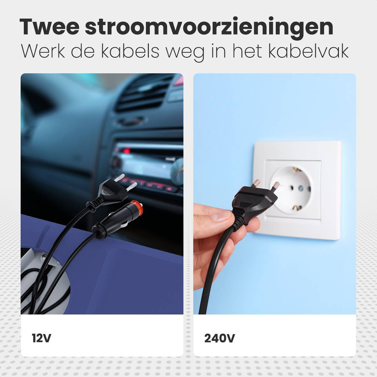 Deux images montrant le câble d'alimentation 12V d'une voiture et une prise 240V avec un fond bleu.