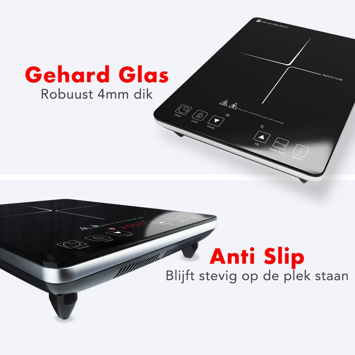 Zwarte inductiekookplaat met bedieningspaneel. Getoond vanuit twee hoeken met tekst en pictogrammen.