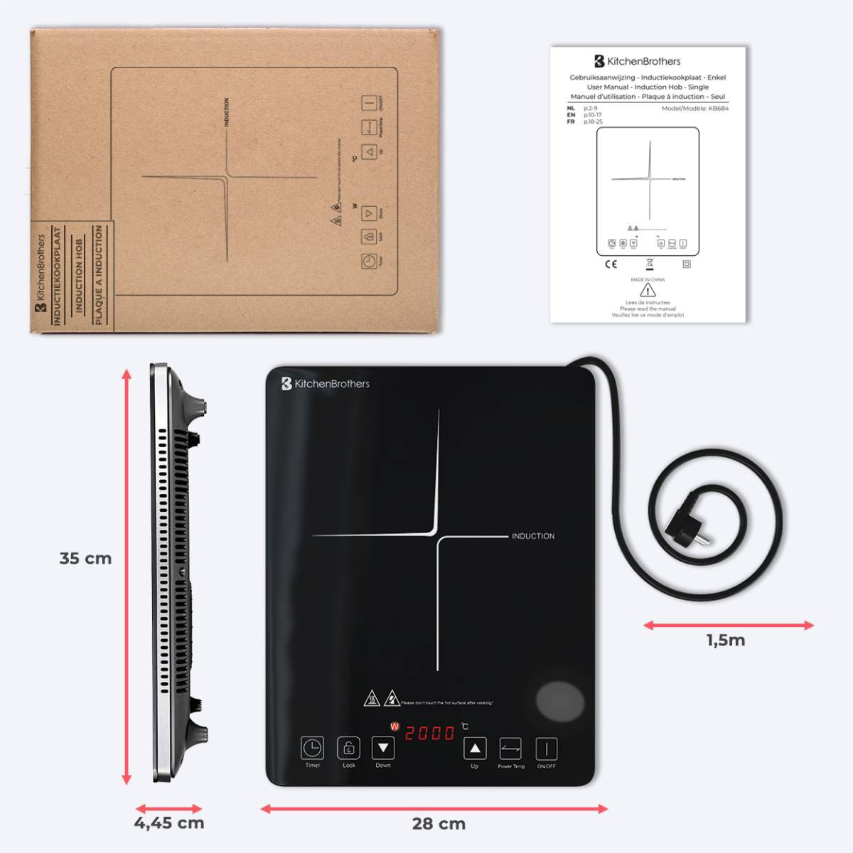 Black induction hob with dimensions and a box. A diagram and KitchenBrothers logo.