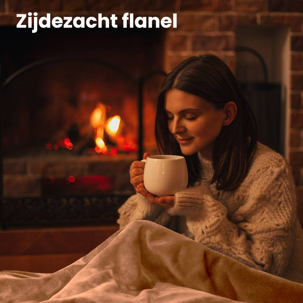 Woman with mug, blanket, and fireplace. Cozy scene. Warm lighting. Beige and brown.