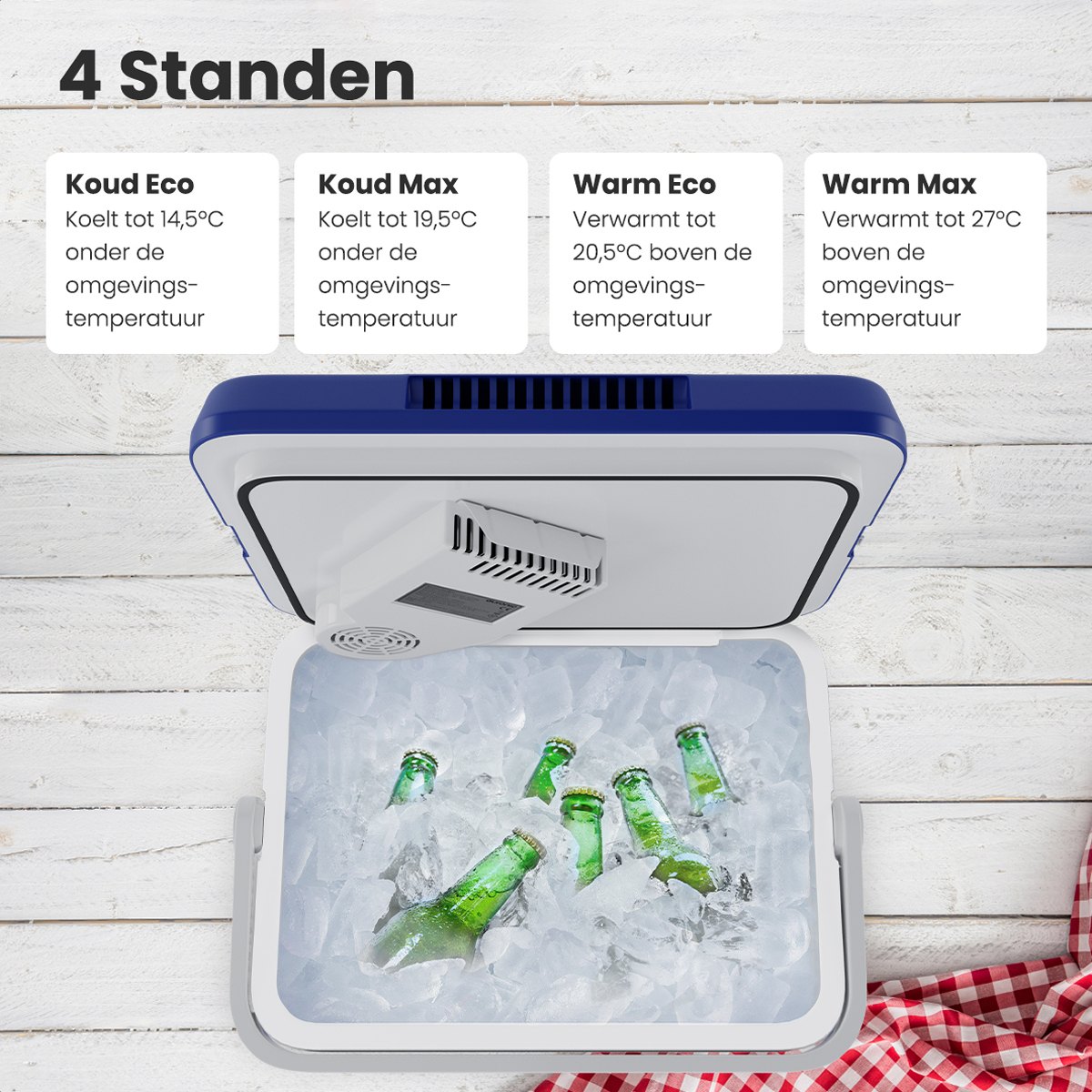 Une glacière avec de la glace et des bouteilles vertes. Le texte indique 4 Standen, avec des plages de température pour différents modes. Texte néerlandais.