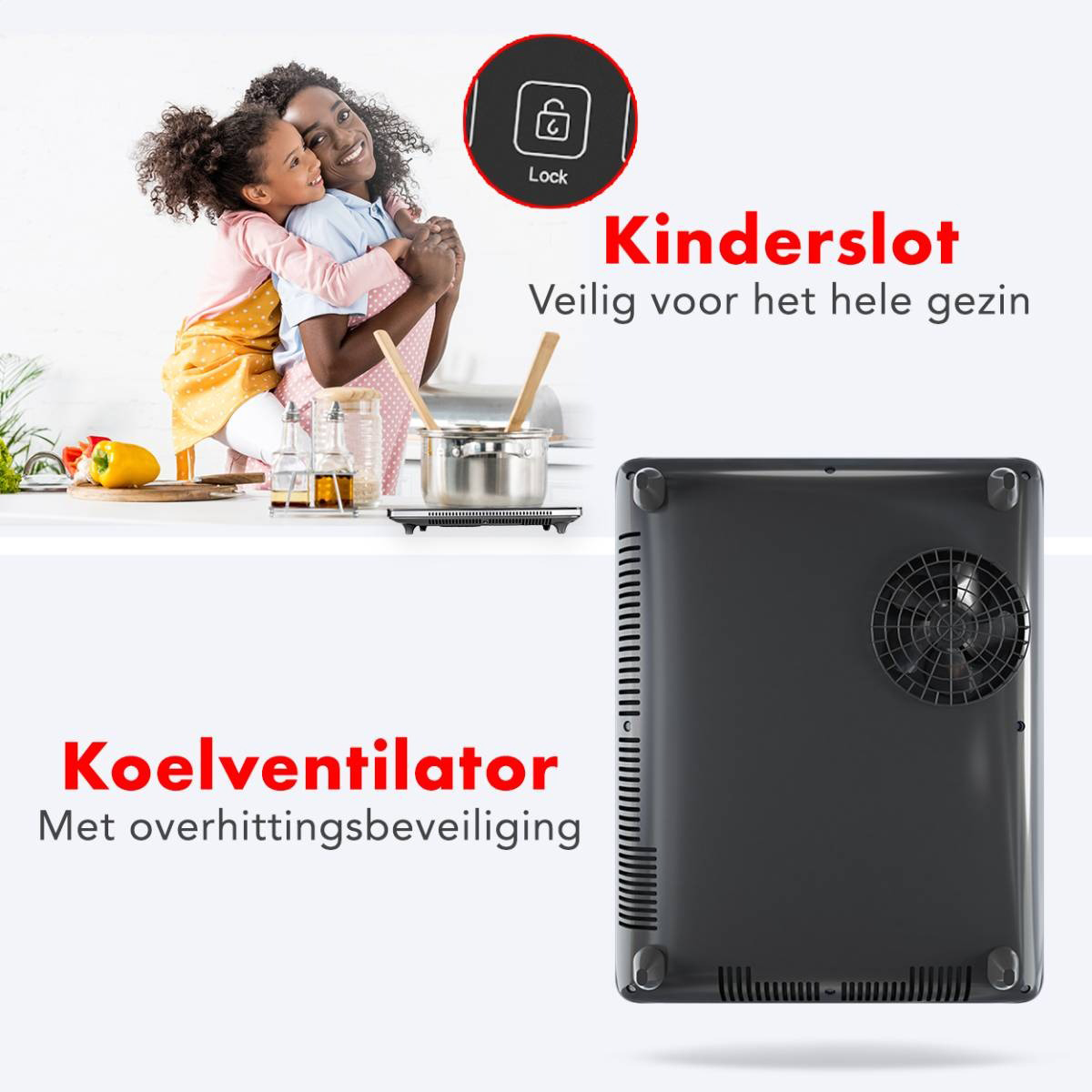 Een vrouw en kind in de buurt van een kookplaat. Tekst zegt Kinderslot, Koelventilator. Afbeelding van de onderkant van een kookplaat met een ventilator.