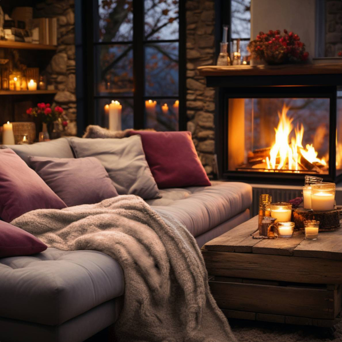 Living room scene with lit fireplace, candles, and cozy furniture. Soft lighting.