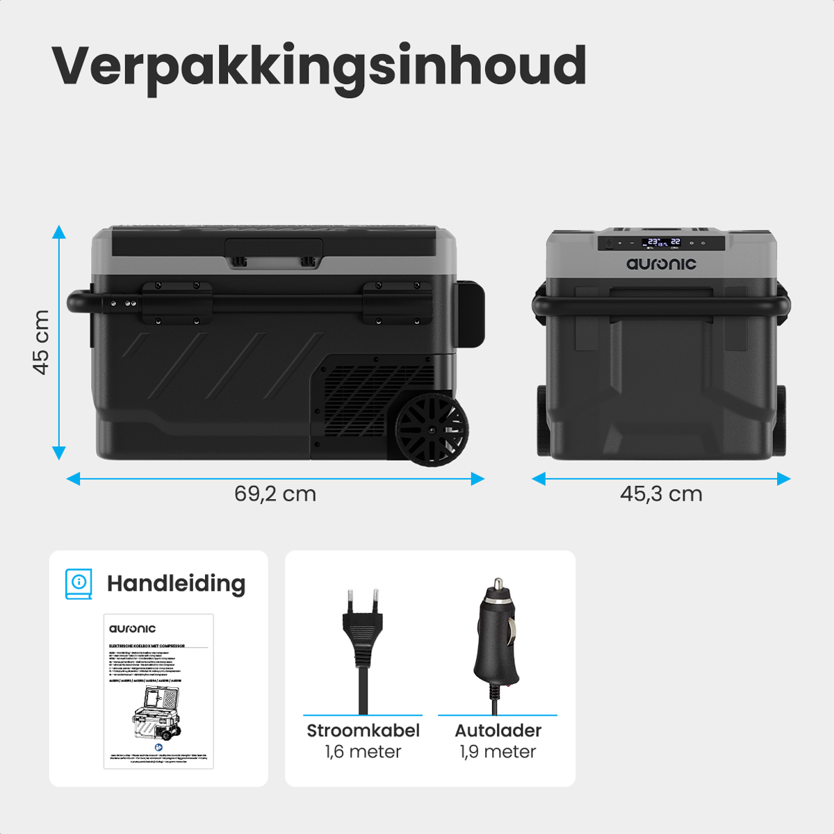 Een zwart-grijze koeler met wielen en afmetingen, naast een handleiding en stroomkabels.