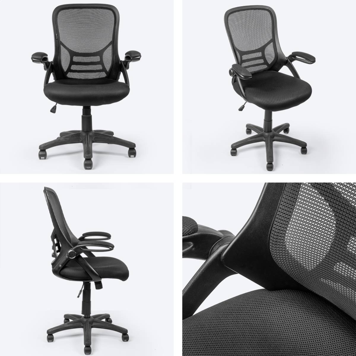 Four views of a black office chair with mesh back and arms, on a white background.