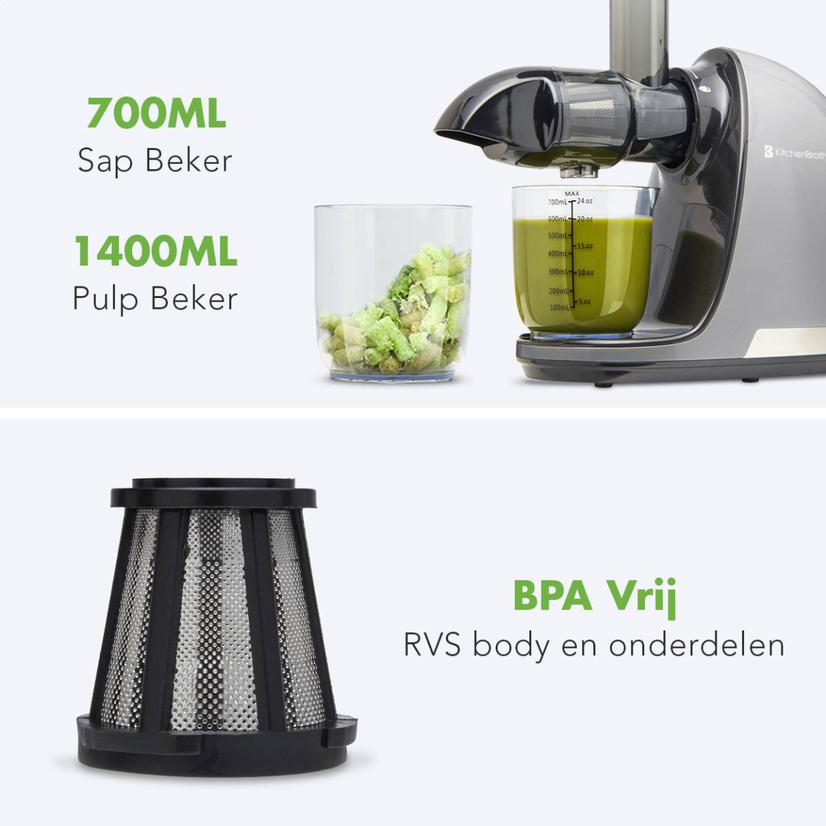 A juicer with juice, pulp, and components, along with text labels.