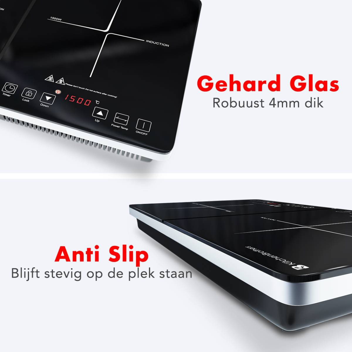 Zwarte inductiekookplaat met witte lijnen. Tekst geeft aan dat het een timer en antislipfunctie heeft.